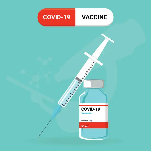 Vector illustration of Research and development to create COVID-19 vaccine.  Design by blue vaccine bottle and injection syringe. Concept of Vaccines to provention or fight against Coronavirus. Vector illustration