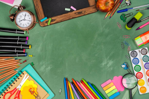 istock School statonery on green blackboard 1257829814
