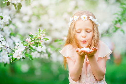 Beautiful little girl in blooming apple tree garden