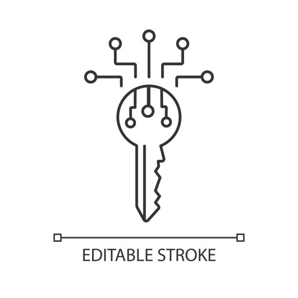 Digital key pixel perfect linear icon Digital key pixel perfect linear icon. Personal information security. Electronic key. Thin line customizable illustration. Contour symbol. Vector isolated outline drawing. Editable stroke key stock illustrations