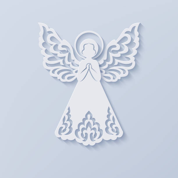 ilustrações de stock, clip art, desenhos animados e ícones de beautiful angel with ornamental wings and halo - freedom praying spirituality silhouette