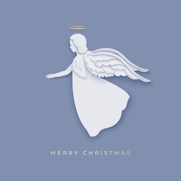 frohe weihnachten papier geschnitten stil karte mit engel - freedom praying spirituality silhouette stock-grafiken, -clipart, -cartoons und -symbole