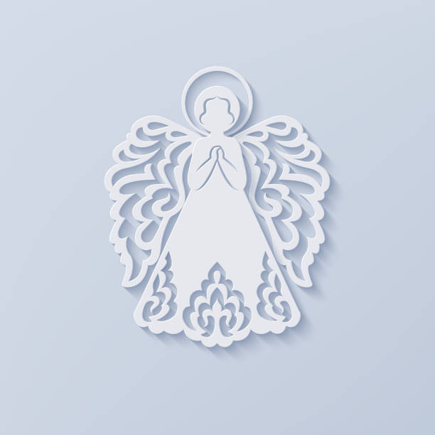 ilustrações de stock, clip art, desenhos animados e ícones de beautiful angel with ornamental wings and halo - freedom praying spirituality silhouette