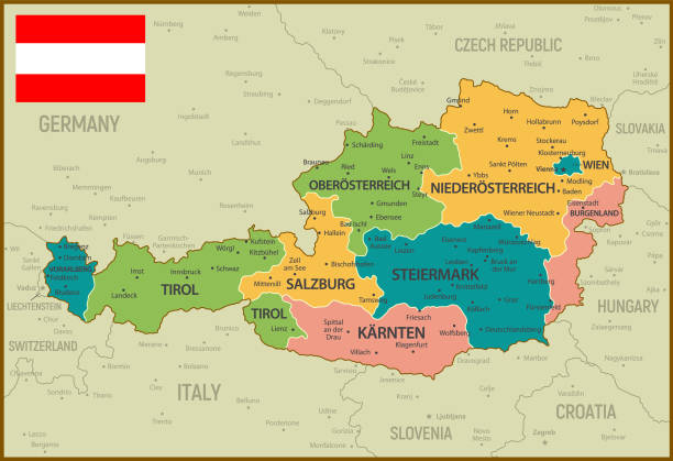 Vintage Map of Austria. Vector Old Illustration with Pastel colors, National Flag and Geographical Borders
Map was found: http://legacy.lib.utexas.edu/maps/europe/austria_physio-2000.jpg
Created in Adobe Illustrator with splines 22-07-2020