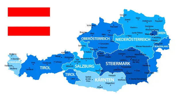 Vector illustration of Austria Map with National Flag. Vector Blue Illustration with Regions and Austrian Flag