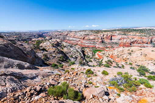 High angle aerial view of cliff butte mesa canyon formations horizon landscape on highway 12 scenic road byway in Grand Staircase Escalante National Monument in Utah summer