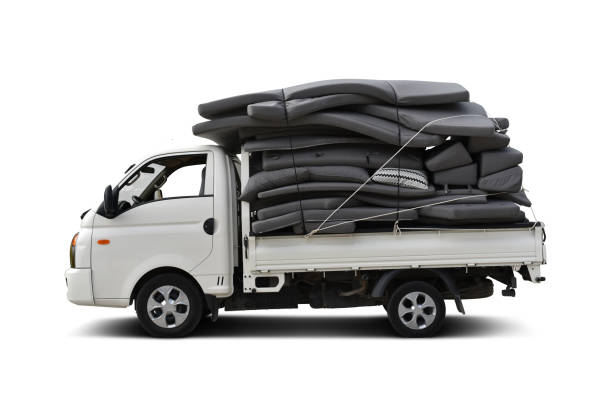 open van truck with mattresses for sun loungers isolated on white background