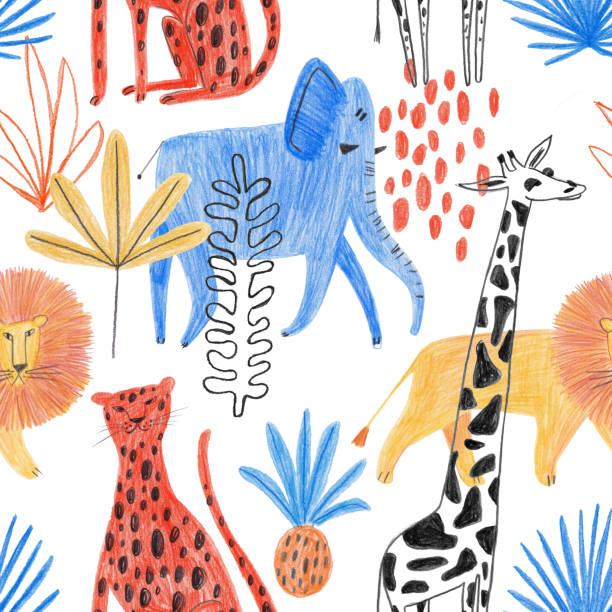 Seamless Pattern With Funny African Animals. Seamless pattern with cheetah, elephant, lion and giraffe. Kids funny background. Hand drawn with colored pencils animal print. drawing of lion pencil stock illustrations