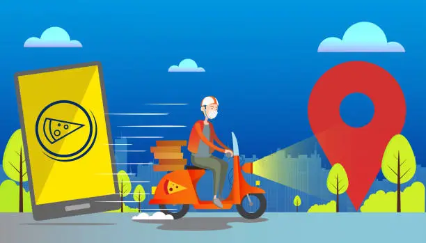 Vector illustration of Delivery man in a protective mask carries pizza on a motorbike