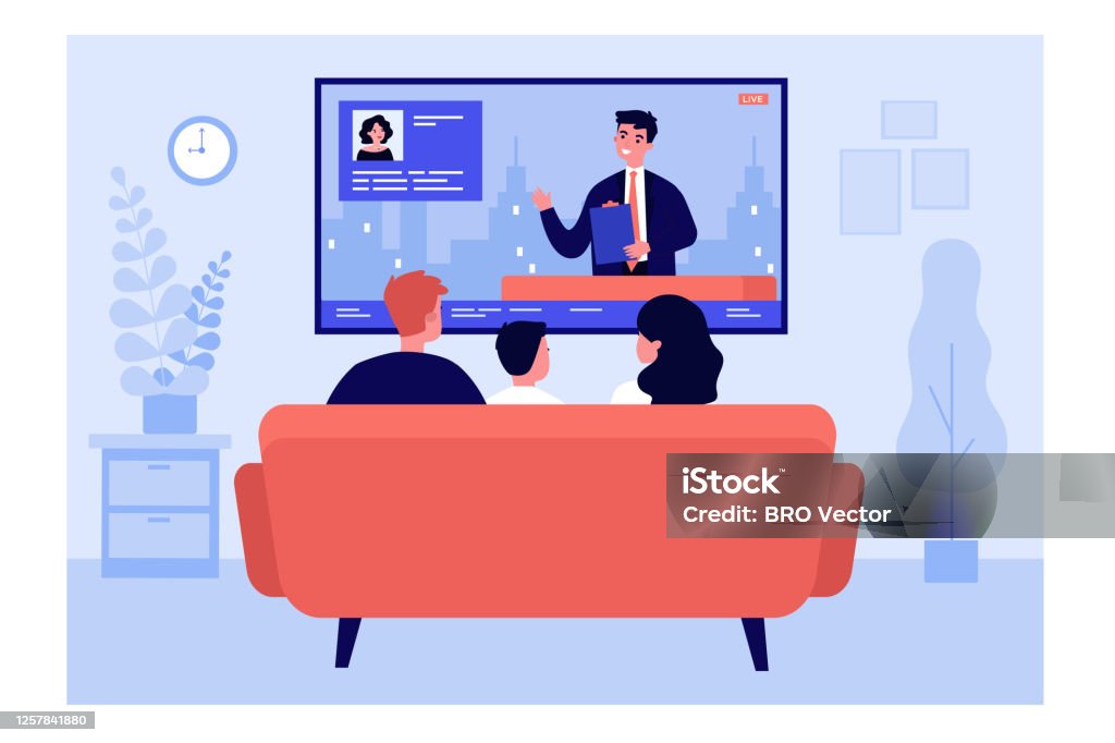 Family watching news in living room Family watching news in living room. Back view of couple and child sitting on couch at TV. Vector illustration for television, broadcasting, entertainment concepts Television Industry stock vector