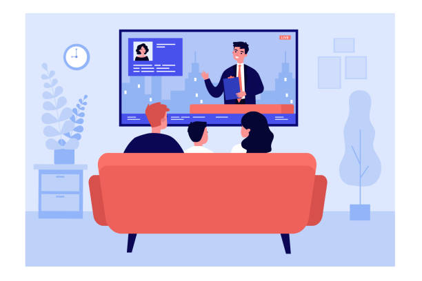 Family watching news in living room Family watching news in living room. Back view of couple and child sitting on couch at TV. Vector illustration for television, broadcasting, entertainment concepts kids watching tv stock illustrations