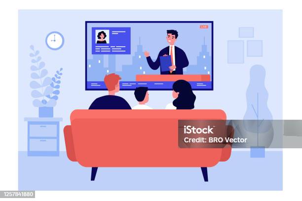 Family Watching News In Living Room Stock Illustration - Download Image Now - Television Industry, Watching TV, Family