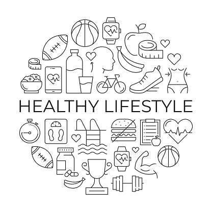 Healthy Lifestyle Circle Shaped Icon Pattern Design. Ready to print Design elements.