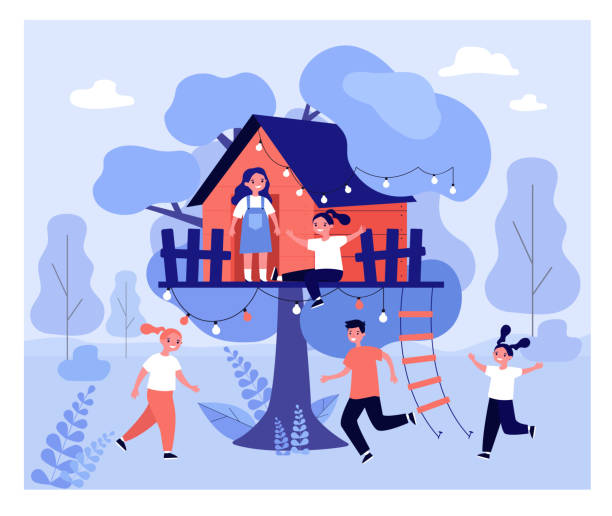 Children playing at tree house Children playing at tree house. Happy kids having fun outdoors, enjoying summer and nature on playground. Vector illustration for kindergarten, vacation, childhood concepts girl climbing ladder stock illustrations