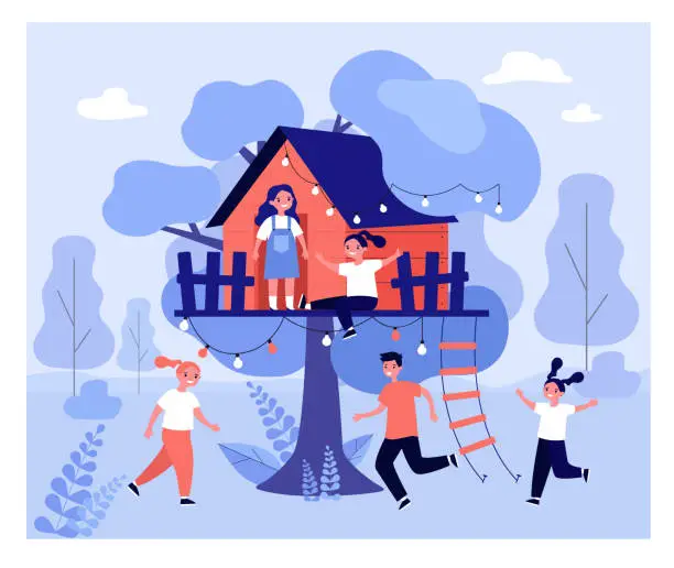 Vector illustration of Children playing at tree house