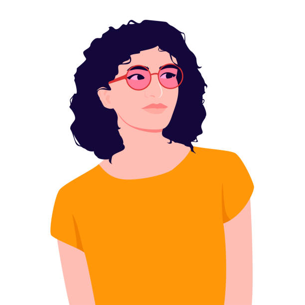 Portrait of attractive hipster girl in eyewear Portrait of attractive hipster girl in eyewear. Brunette with lush hair looks to the side. Colorful vector illustration in flat cartoon style. business casual fashion stock illustrations