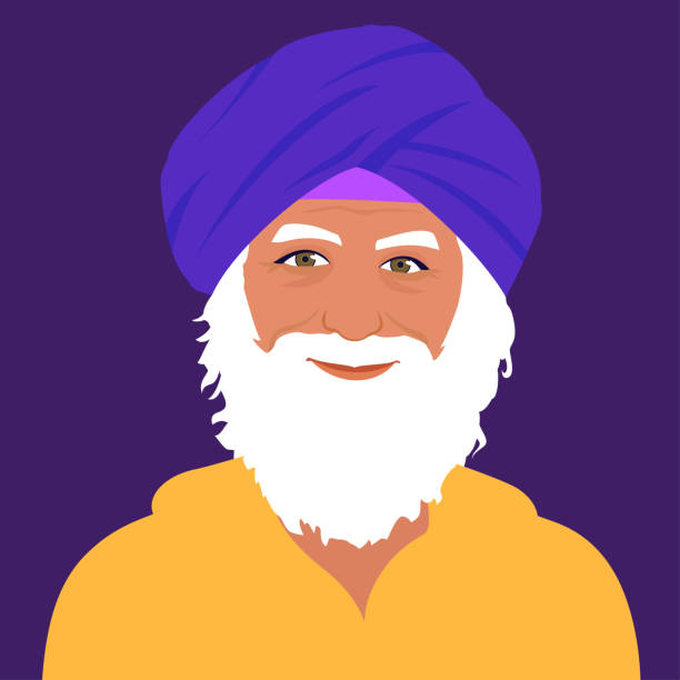 Vector portrait of an old Hindu man Portrait of an old Hindu man. The head of a Sikh with a beard in a turban. Colorful vector illustration in flat cartoon style turban stock illustrations