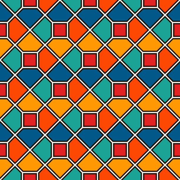 ilustrações, clipart, desenhos animados e ícones de octógonos repetidos de mosaico de vidros de fundo abstrato. papel de parede de cerâmica vívida. padrão de superfície sem emenda - mosaic glass tile modern art