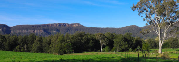 istock Panoramic view of Kangaroo Valley lush green grass trees backdrop mountain range New South Wales Australia 1257850141