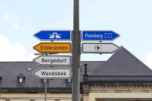 Hamburg, Germany, road signs and signpost. Elbbrucken, Bergedorf, Wandsbek, Flensburg, airport