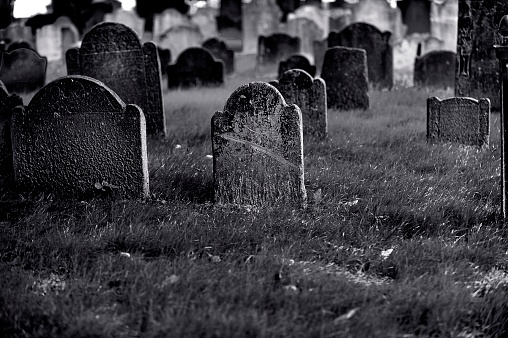 Black and white historic cemetery of downtown Boston