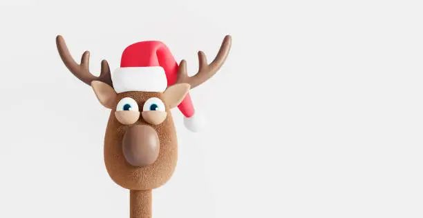 Photo of Funny Reindeer with Christmas hat isolated on white. Winter Holidays concept 3d render