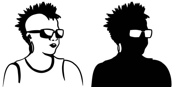 Cool Chick Silhouette A woman with spiky hair, trendy shades, and big earrings black and white eyeglasses clip art stock illustrations
