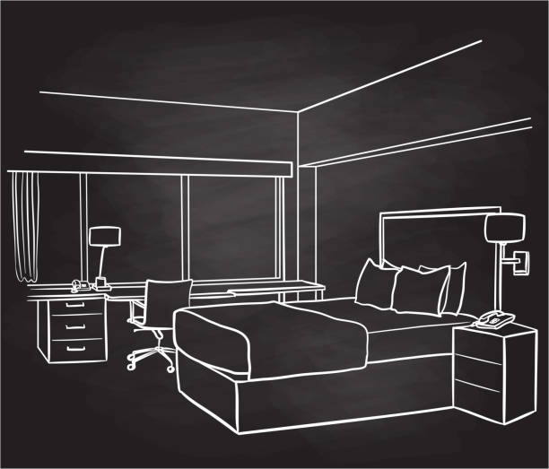 Hotel Room King Bed Chalkboard A hotel suit with a desk and king sized bed bedroom drawings stock illustrations
