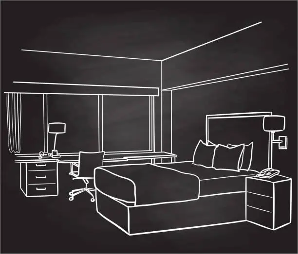 Vector illustration of Hotel Room King Bed Chalkboard