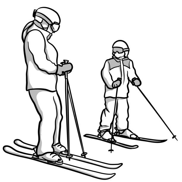 Skiing Mom And Daughter A mother and daughter skiing side by side kids snow suits stock illustrations