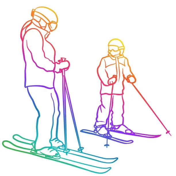 Vector illustration of Skiing Mom And Daughter Rainbow