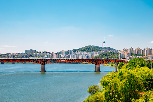 Seongsu Bridge and Seoul city view at Han river park in Korea