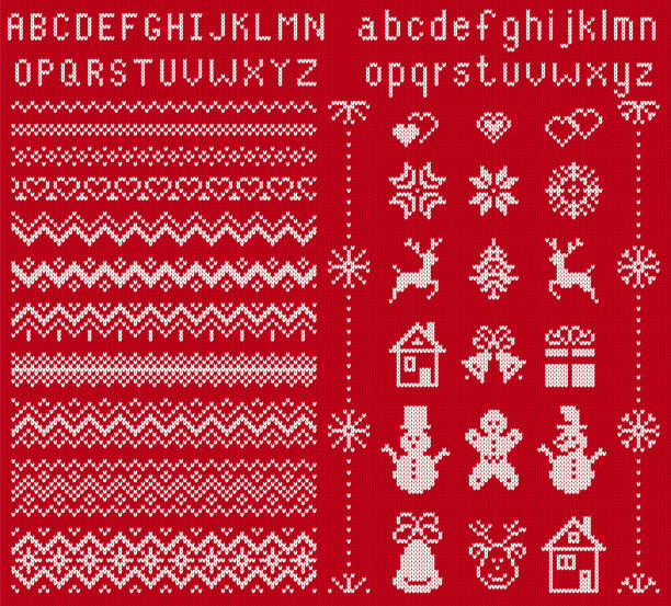 Knitted font and elements. Vector illustration. Christmas seamless texture. Knitted sweater print. Knit elements and font. Vector. Christmas seamless borders. Sweater pattern. Fairisle ornaments with type, snowflake, deer, bell, tree, snowman, gift box. Knitted print. Xmas illustration. Red texture christmas cookies pattern stock illustrations
