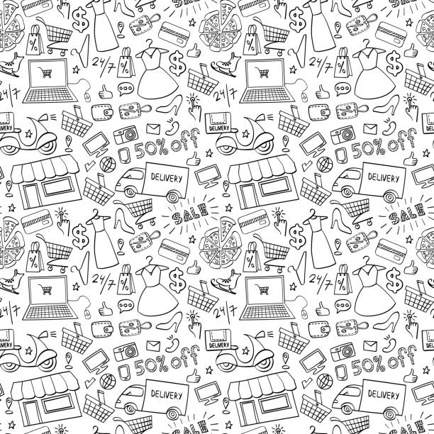 Online shopping hand drawn seamless pattern Online shopping hand drawn seamless pattern. Doodle e-commerce background. Vector illustration. shopping patterns stock illustrations