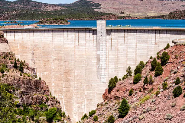 Dutch John, USA Flaming Gorge National Recreational Area in Utah Park Dam view in canyon during 2019 summer closeup