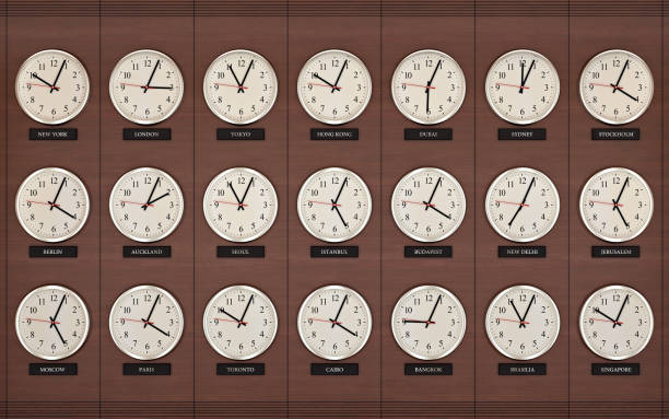 Time Zone Business World Clock World wide time zone clock. Clocks on the wall, showing the time around the world. delhi photos stock pictures, royalty-free photos & images