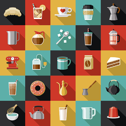 A set of coffee and tea icons. File is built in the CMYK color space for optimal printing. Color swatches are global so it’s easy to edit and change the colors.