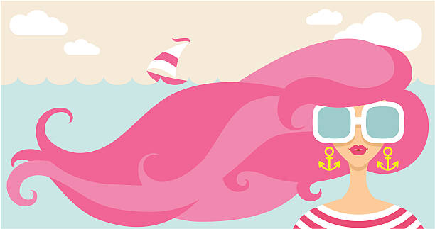 illustrazioni stock, clip art, cartoni animati e icone di tendenza di ragazza e mare e vento - nautical vessel women human hair yacht