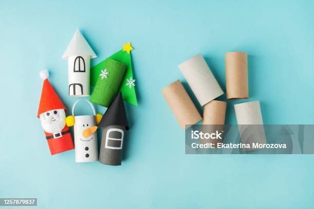 Grinch And City Houses From Toilet Tube Roll For Winter Holiday Decor A Terrible Craft School And Kindergarten Handcraft Creative Idea For Christmas Happy New Year Stock Photo - Download Image Now