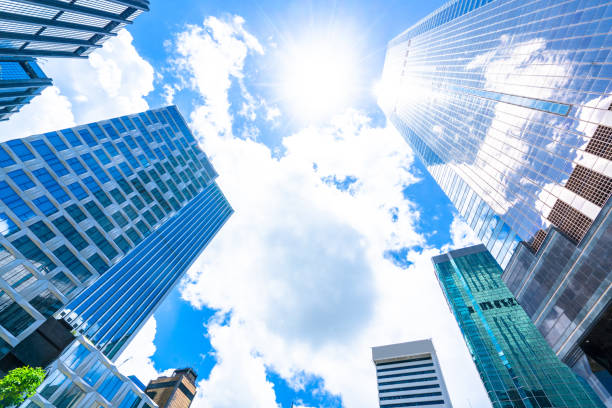 Looking directly up at the skyline of the financial district in Wanchai Looking directly up at the skyline of the financial district in Wanchai central plaza hong kong stock pictures, royalty-free photos & images