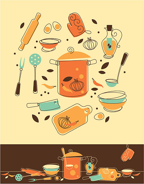 ilustraciones, imágenes clip art, dibujos animados e iconos de stock de juego de cocina - domestic kitchen cooking pattern retro revival