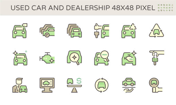 używany samochód i dealerskiej wektorowa konstrukcja ikony, 48x48 piksel doskonały i edytowalny skok. - car car rental car dealership key stock illustrations