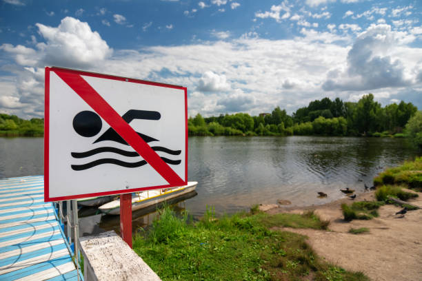 istock Sign prohibiting swimming in the lake, selective focus. 1257890299