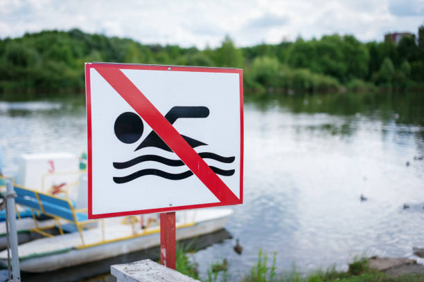 istock Sign swimming is prohibited on the lake shore. 1257890358
