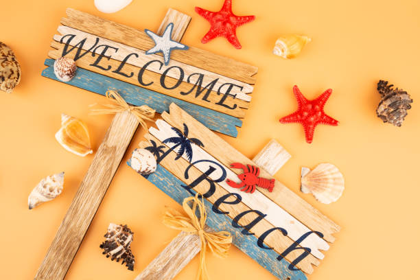 istock Wooden signs welcome beach 1257894435