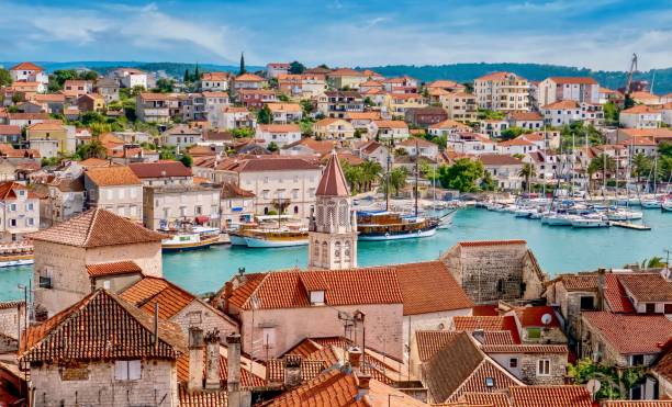 A beautiful panoramic view of the historic medieval town of Trogir, Croatia, on the central Adriatic coast. stock photo