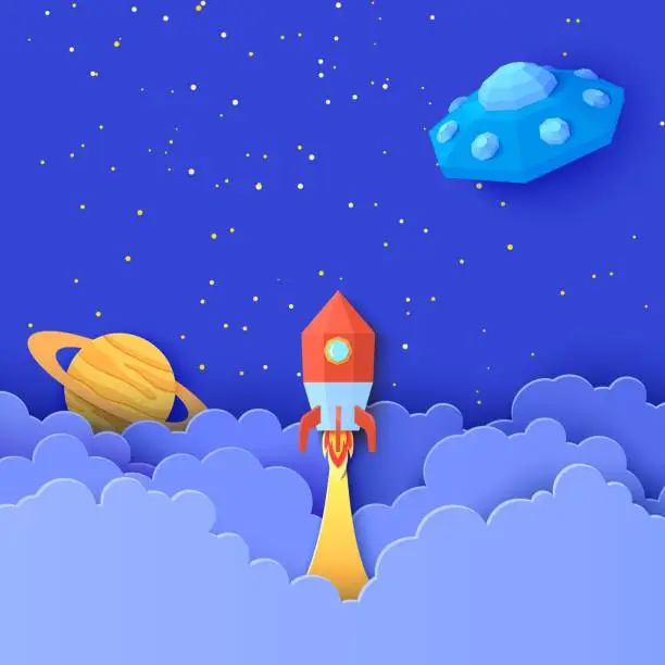 Vector illustration of Red rocket launch in space in paper cut style. Galaxy universe landscape 3d craft background with Flying saucer in starry sky clouds. Cardboard cutout Saturn planet and UFO. Vector kids illustration