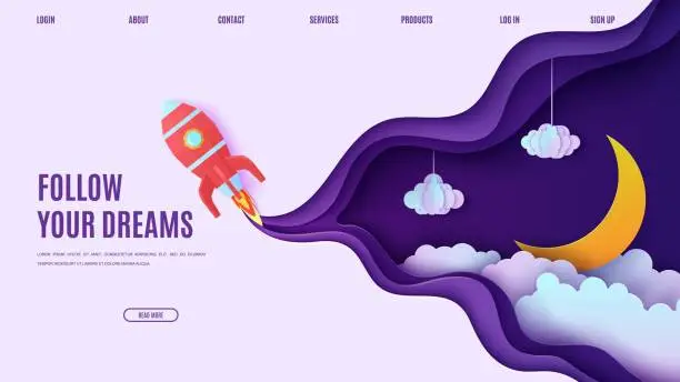 Vector illustration of Night sky and red rocket in paper cut style. Cut out 3d website template with violet and blue gradient cloudy landscape with star on rope and moon papercut art. Vector card with origami spaceship.