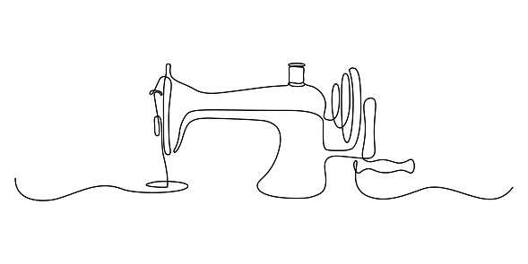 Sewing machine in continuous line art drawing style. Abstract old style sewing-machine for atelier or tailor sign design. Minimalist black linear sketch on white background. Vector illustration