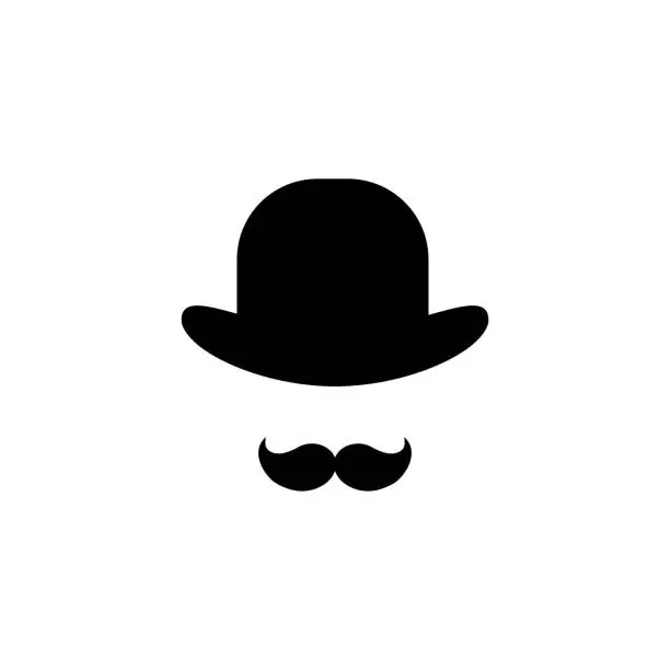Vector illustration of Gentleman icon isolated on white background. Silhouette of man s head with big moustache and bowler hat.